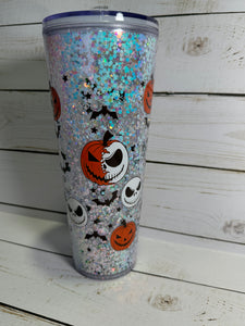 Jack Skeleton pumpkins snowglobe tumbler